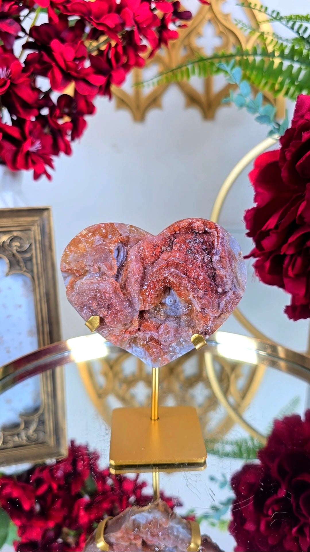 Sparkly red Chalcedony Heart on Stand 05