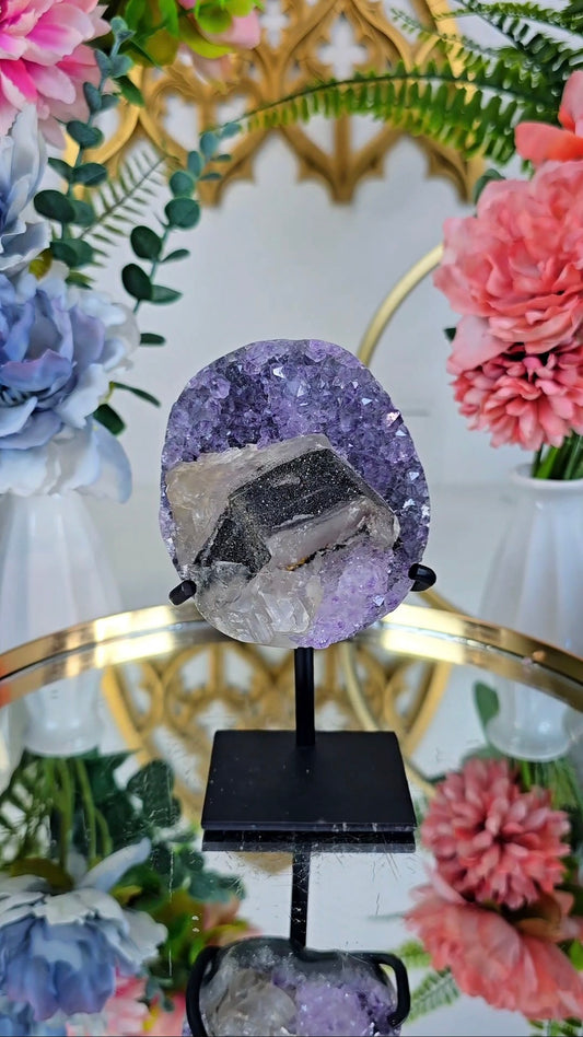 Sparkly Calcite on Amethyst on Stand 281