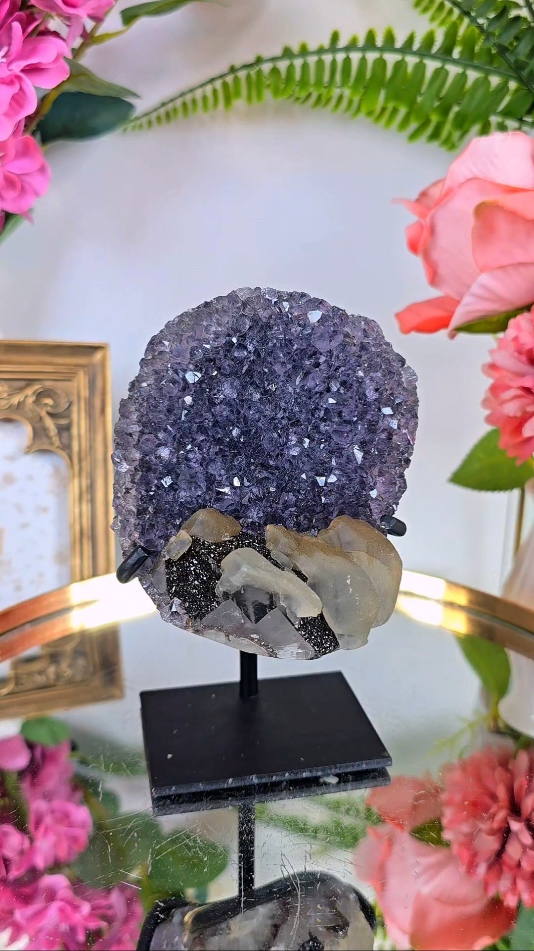 Sparkly Calcite on Amethyst on Stand 280