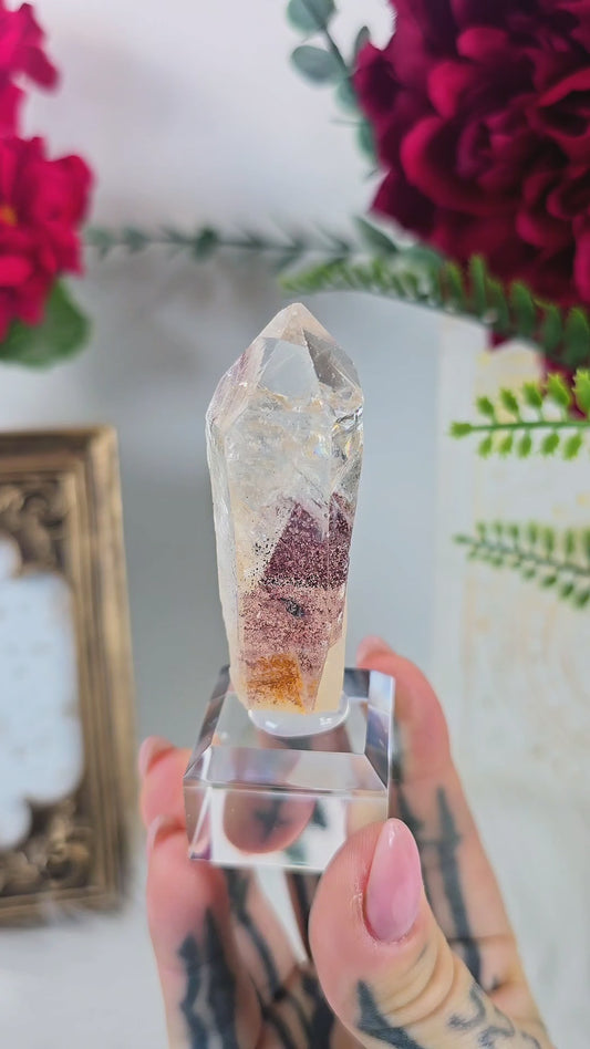 Red Hematite Phantom Point – Quartz + Hematite Specimen on Clear Display Base